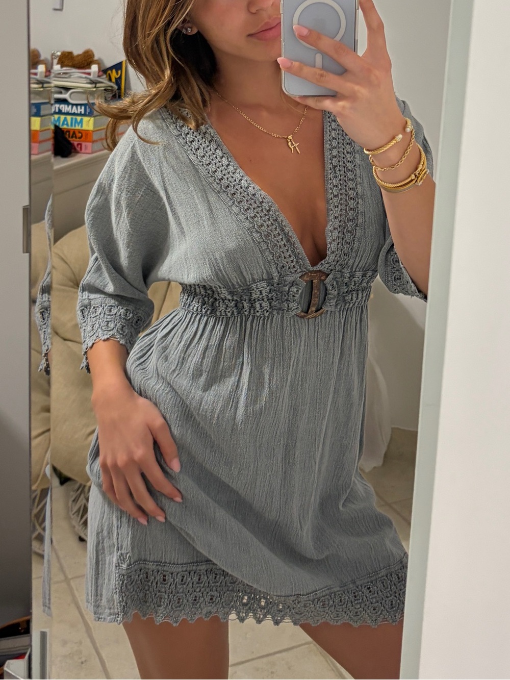 Cotton Natural blue dress Size S 
light Blue V-Neck Smocked Waist Mini Dress